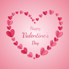 Valentine's day poster with pink paper hearts and clouds. Paper 3d style. Holiday card, vector illustration for your design. Vector EPS 10