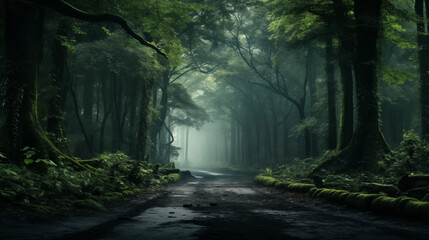 Obraz premium Mystic Pathway: Fog-Enshrouded Forest Road at Dawn