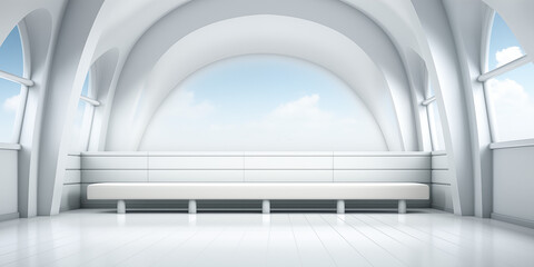 Obraz premium Futuristische Architektur in weiß im Querformat für Banner, ai generativ
