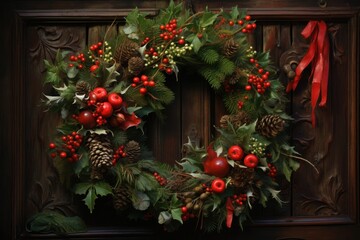 Fototapeta na wymiar christmas wreath on a wooden door