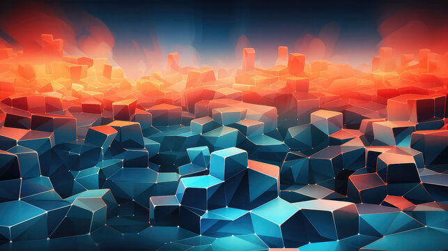 Fototapeta A pile of blue futuristic cubes with orange burn create an abstract wallpaper.