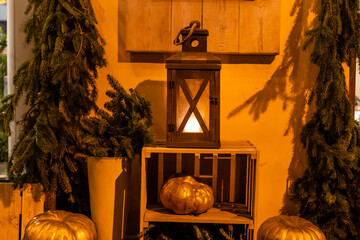 Halloween Pumpkin and lantern on street.