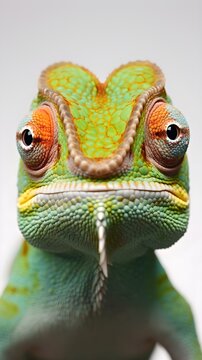 Close-up portrait of a chameleon against white background, background image, AI generated