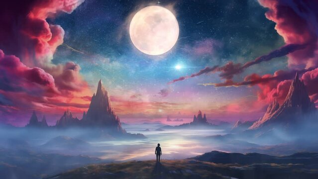 Fantasy world animation, alone person looking to the moon like heaven. Meditation and spiritual life looping video 4K. Generate with AI