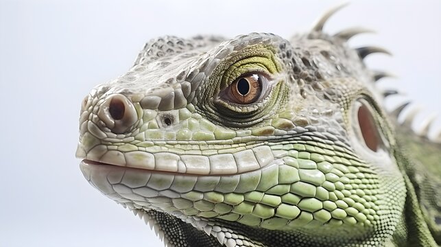 Close-up portrait of an iguana against white background, highly detailed, background image, AI generated