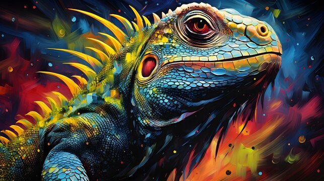 Painting of an iguana with high quality, highly detailed, background image, AI generated