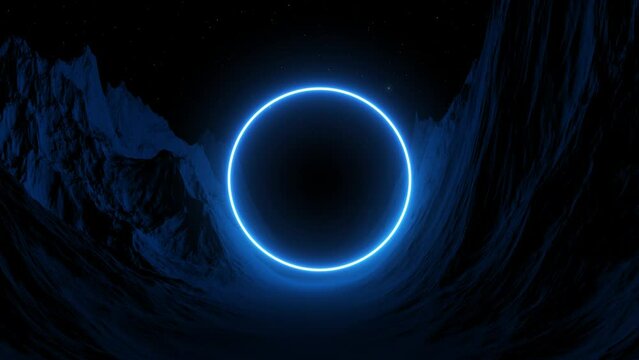 Retro neon synthwave, sfi-fi game background. Alien mountain landscape with retro wave future space and neon circle. Bright neon frame with mountain road in the dark, extraterrestrial technology