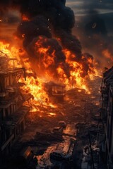 A large fire is raging through a city, causing chaos and destruction. This intense and dramatic image captures the devastating impact of the fire.