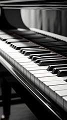 Black and white close-up image of piano keys emphasizing the contrast and texture of the keys, background image, AI generated