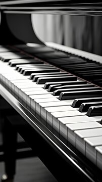 Black and white close-up image of piano keys emphasizing the contrast and texture of the keys, background image, AI generated