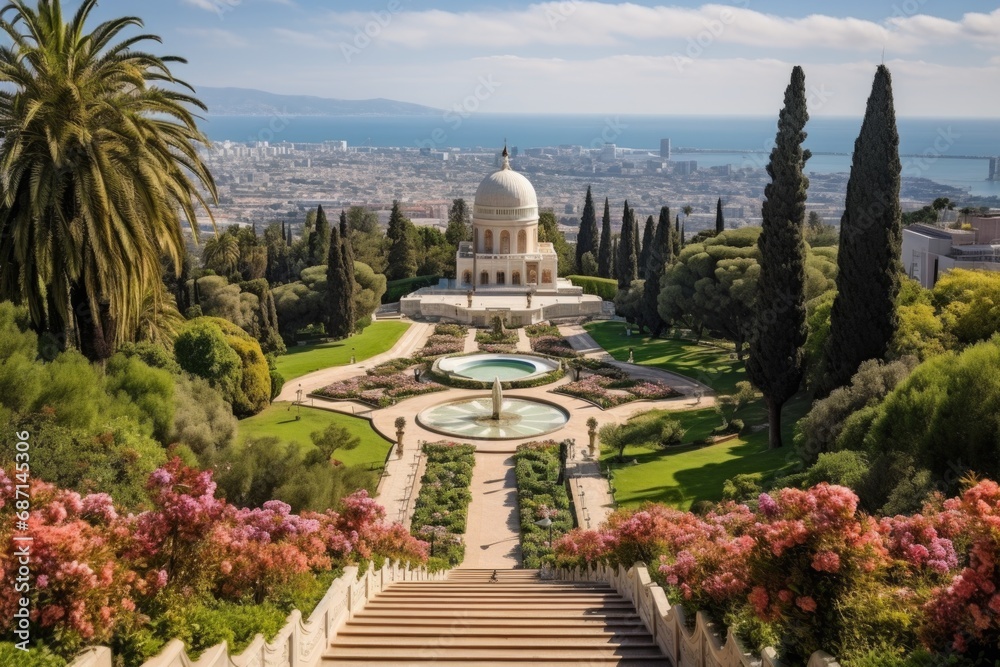 Poster a picturesque garden with a set of stairs that lead up to a beautiful dome structure. this image can