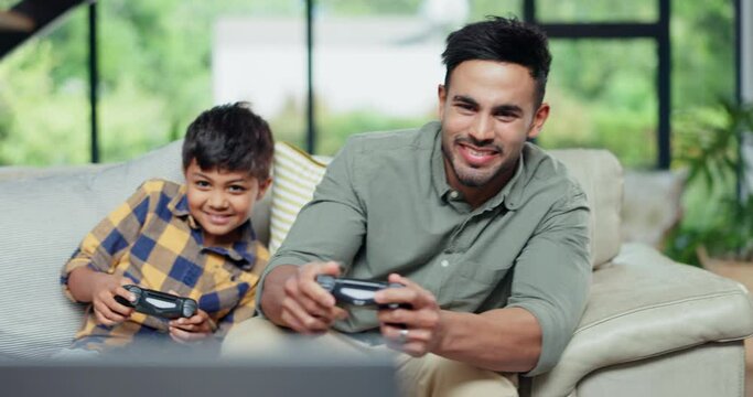 Father, child and play video game in home living room, competition and happy together. Tv tech, dad and kid on controller console, esports entertainment and family bonding, smile and contest on sofa