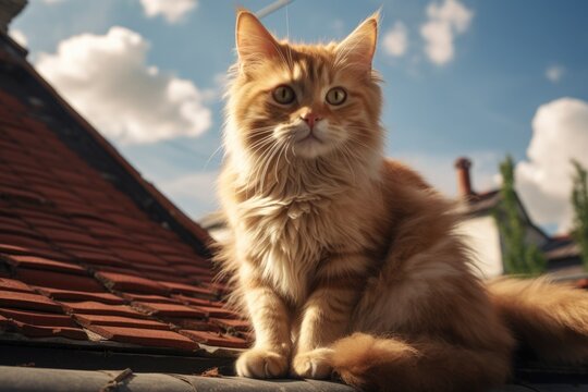 An orange cat sitting on top of a roof. Perfect for pet lovers or animal-themed designs.