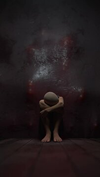 Fear of madness. problems attacked the person. A human figure is sitting on the floor cowering in fear. Lots of screaming faces in the wall, 3D concept, vertical format