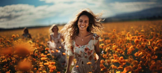 Crédence en verre imprimé Prairie, marais Beautiful smiling woman in a field with flowers. Nature, vacation, relax and lifestyle. Spring summer background for wallpaper, poster, flyer, banner, design element.