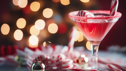  holiday drink in a red sugar rimmed martini glass, garnished with two candy canes, with a blurred background of holiday decorations. - obrazy, fototapety, plakaty