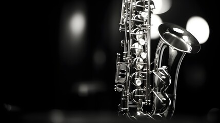 Close-up image of a saxophone in monochrome, background image, AI generated - obrazy, fototapety, plakaty