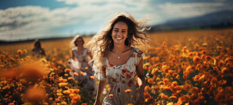 Beautiful Smiling Woman In A Field With Flowers. Nature, Vacation, Relax And Lifestyle. Spring Summer Background For Wallpaper, Poster, Flyer, Banner, Design Element.