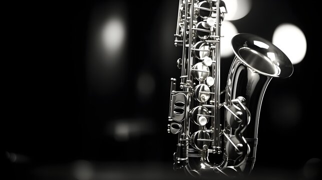 Close-up image of a saxophone in monochrome, background image, AI generated