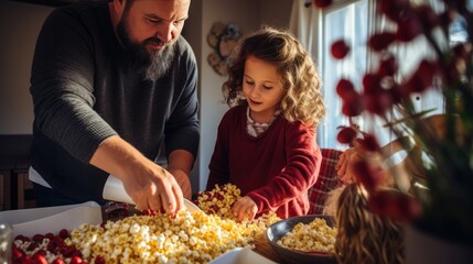 a family in a cozy kitchen, preparing food together, with a focus on a bowl of popcorn and cranberries.