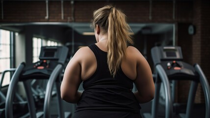 A young overweight woman with excess weight, view from the back, in a gym, looking at exercise equipment. Determination, self-awareness, and a commitment to fitness and well-being.