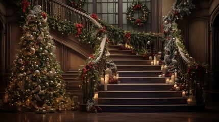 a grand staircase, elegantly decorated for Christmas with a tree, garland, and candles creating a...