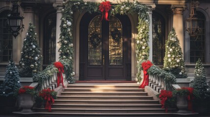 a grand entrance to a building, beautifully adorned with festive Christmas decorations.