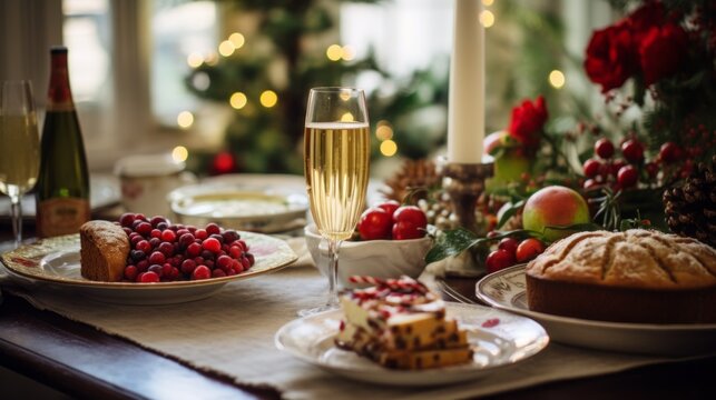 an elegant and festive table setting with a variety of food and drink for a holiday celebration. - Powered by Adobe