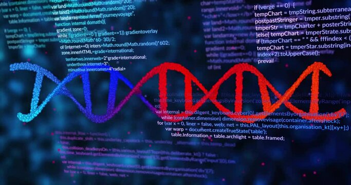 Animation of data processing over dna strand on black background