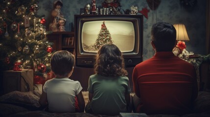 Fototapeta na wymiar a nostalgic scene of a family watching a Christmas tree on a vintage TV in a living room decorated for the holidays.