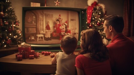 a family enjoying a Christmas movie on a vintage TV in a festively decorated living room.