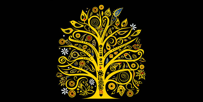 black and gold floral, happy holidays drawing in tree shape, in the style of iconographic motifs, white and crimson, collecting and modes of display, geometric shapes & patterns