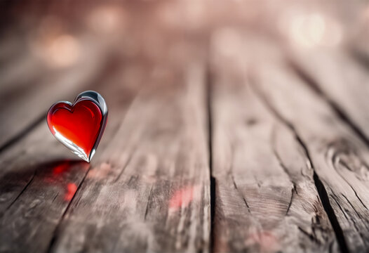 Reflected Love- Red Heart on Wooden Floor, Lovers' Day Concept