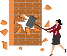 Businesswoman holding a hammer breakthrough the wall