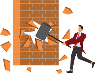 Businessman holding a hammer breakthrough the wall