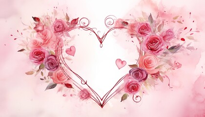 Romantic Valentine's Day Watercolor Background: Heart-Shaped Frame Adorned with Roses in Soft Pink and Deep Red Hues, Creating a Tender and Enchanting Atmosphere for Love-themed Designs