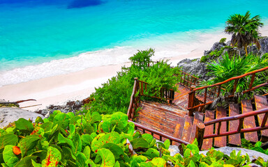 Natural seascape panorama beach view Tulum ruins Mayan site Mexico.