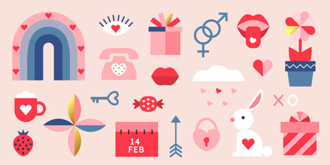 Set of geometric romantic elements for Valentine's Day.Vector graphics for advertising brochures, banners, magazine design, books and more.