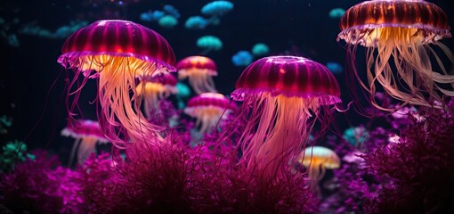 Fototapeta na wymiar jelly fish in the aquarium.neon jellyfish glows in the depths of a dark aquarium, its tendrils pulsing with vibrant colors
