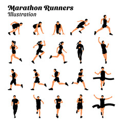 Collection of flat illustrations of marathon runners.