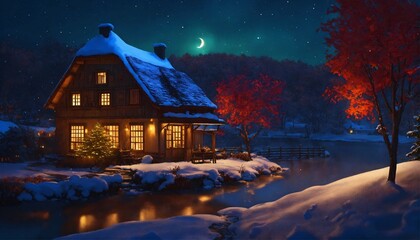 A moonlit night, snow covered landscape with very slow flowing river, overhanging tree branches...