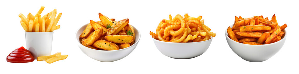 Set of Various French Fries Including Classic, Potato Wedges, Curly, and Spicy on Transparent Background - obrazy, fototapety, plakaty