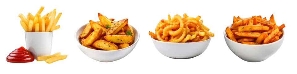 Fotobehang Set of Various French Fries Including Classic, Potato Wedges, Curly, and Spicy on Transparent Background © John