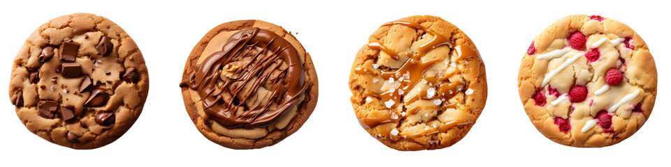 Set of Chocolate Chip, Nutella, Caramel, and Raspberry Cookies on Transparent Background - obrazy, fototapety, plakaty