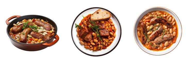 Set of Traditional Cassoulet Dishes with Sausages and Beans on Transparent Background - obrazy, fototapety, plakaty