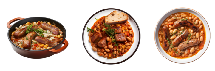 Set of Traditional Cassoulet Dishes with Sausages and Beans on Transparent Background