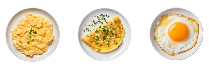 Set of Egg Dishes with Omelette, Scrambled Eggs, and Fried Egg on Transparent Background