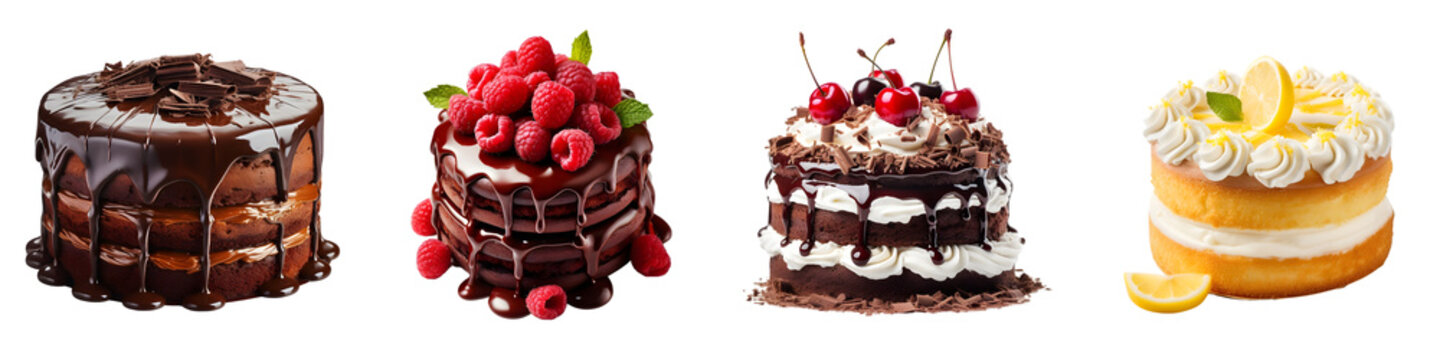  Set of Chocolate, Raspberry Chocolate, Black Forest, and Lemon Cakes on Transparent Background