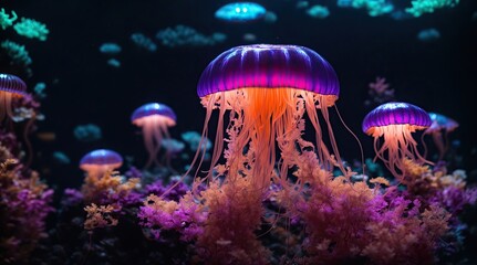 Fototapeta na wymiar jelly fish in the aquarium. A mesmerizing neon jellyfish glows in the depths of a dark aquarium, its tendrils pulsing with vibrant colors