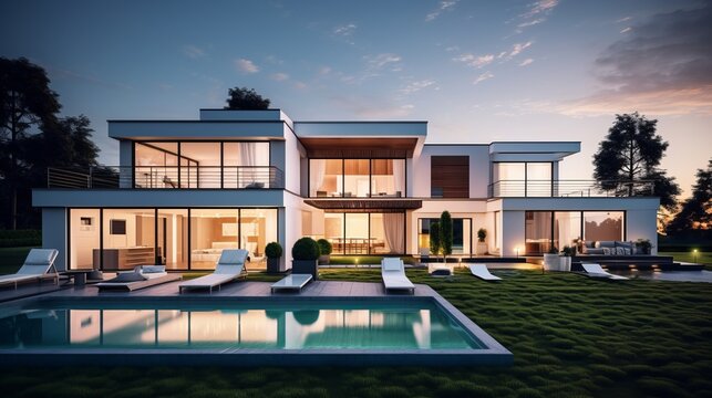 luxury villa illuminated in the evening